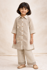 Ivory Check Embroidered Co-Ord Set for Girls