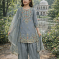 Inaabia Silver Mist Eid Set – Grey Multicolor Embroidered Suit