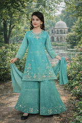 Inaabia Emerald Grace Eid Set – Teal Gold Embroidered Suit