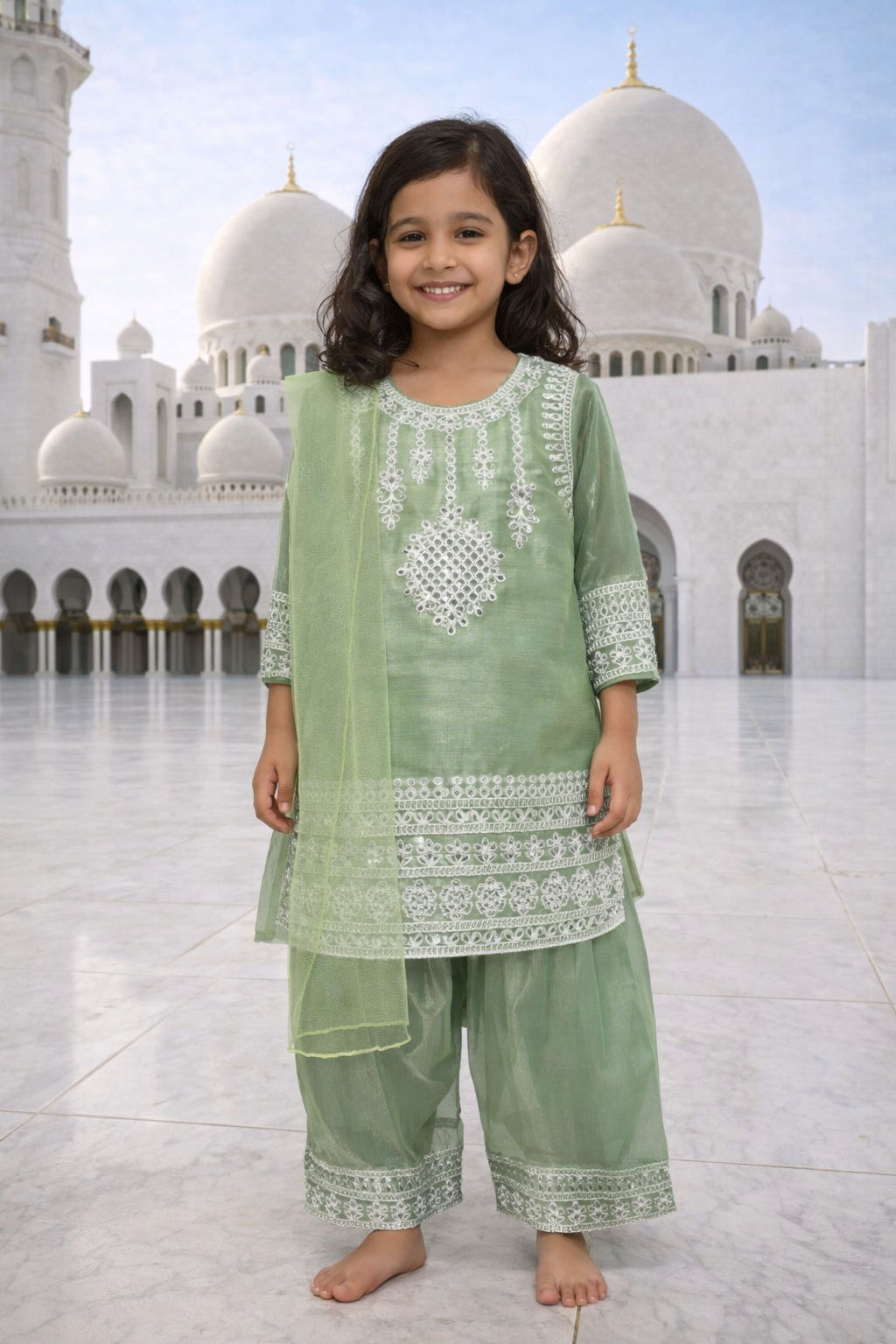 Mint Green Embroidered Festive Kurta Set for Girls