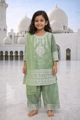 Mint Green Embroidered Festive Kurta Set for Girls