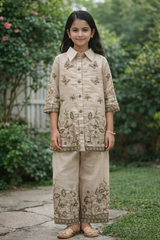 Sand Beige Embroidered Co-Ord Set for Girls