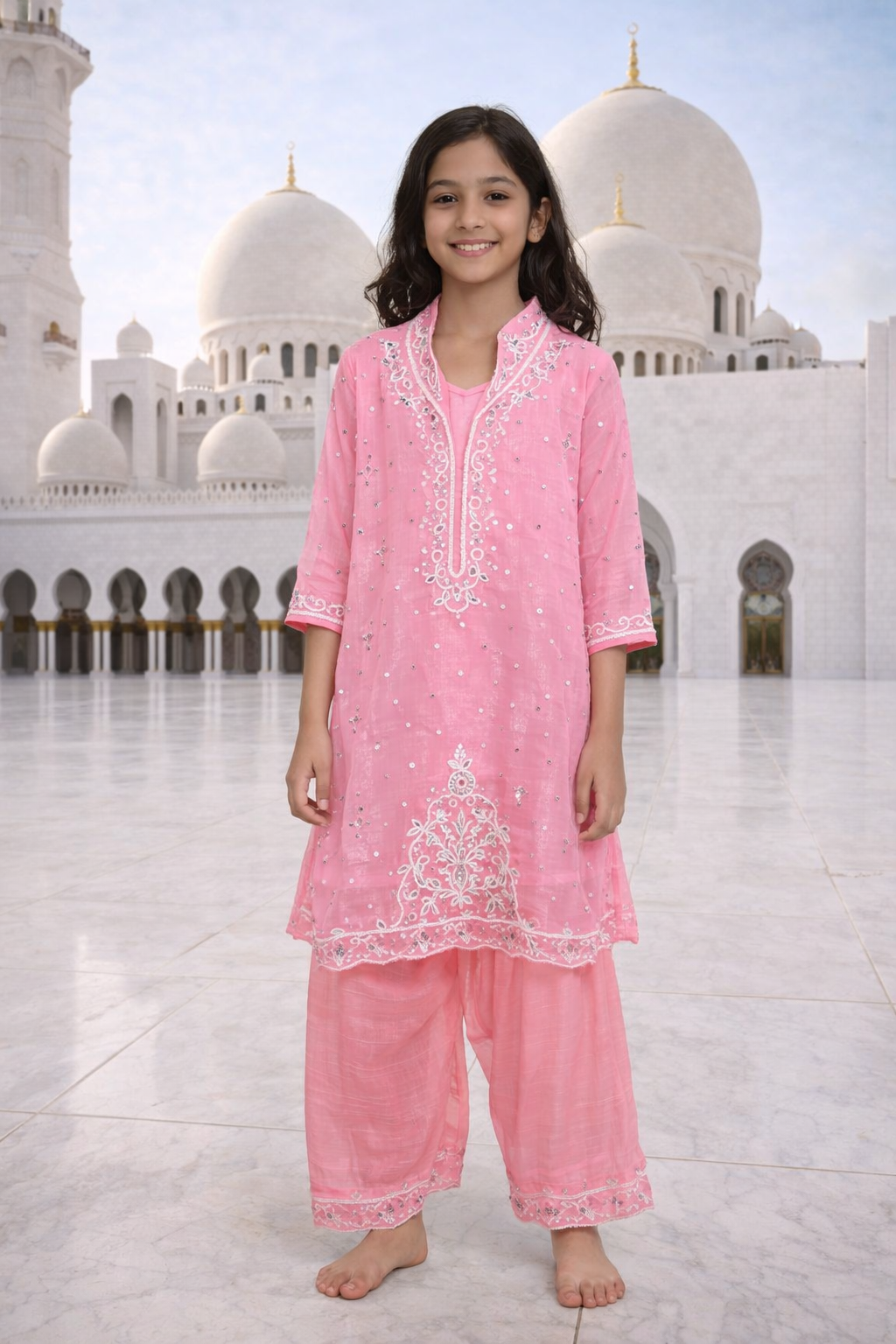 Blush Pink Embroidered Festive Kurta Set for Girls
