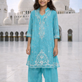 Turquoise Blue Embroidered Festive Kurta Set for Girls