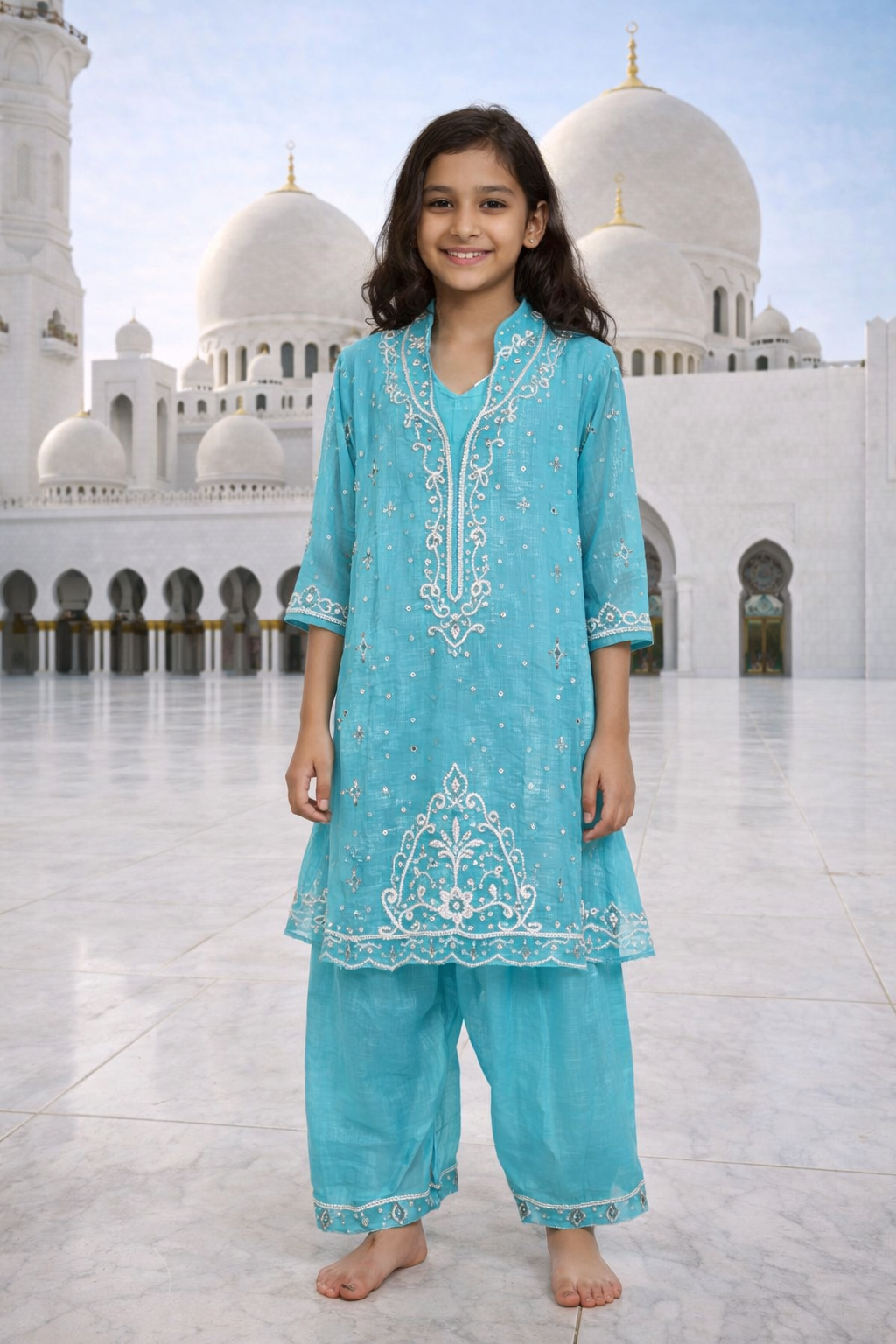 Turquoise Blue Embroidered Festive Kurta Set for Girls