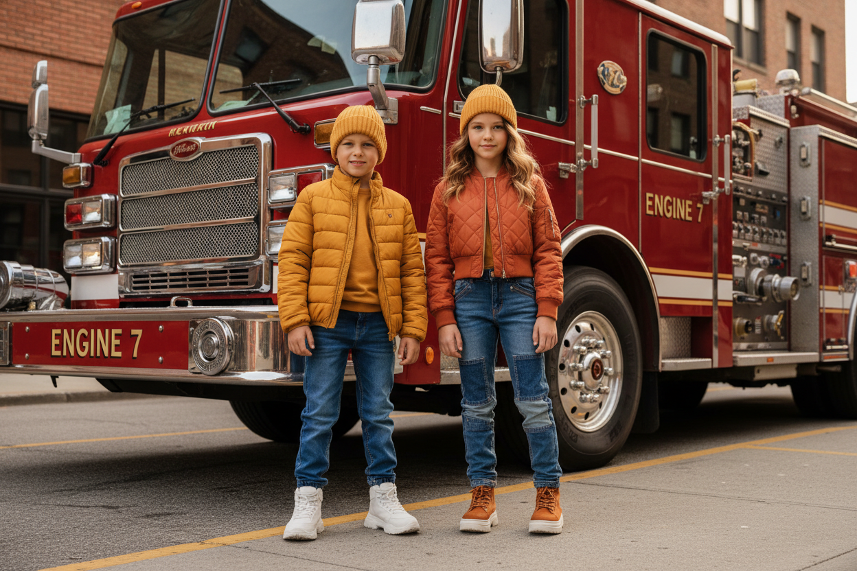 Generate boys and girls in full jackets with denim pant, background fireengine, also match image color tone with theme