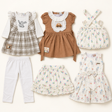 Baby girls four-outfit combo with checked bunny outfit, brown dress, floral top and skirt, and bunny balloon dress, 12–18 months