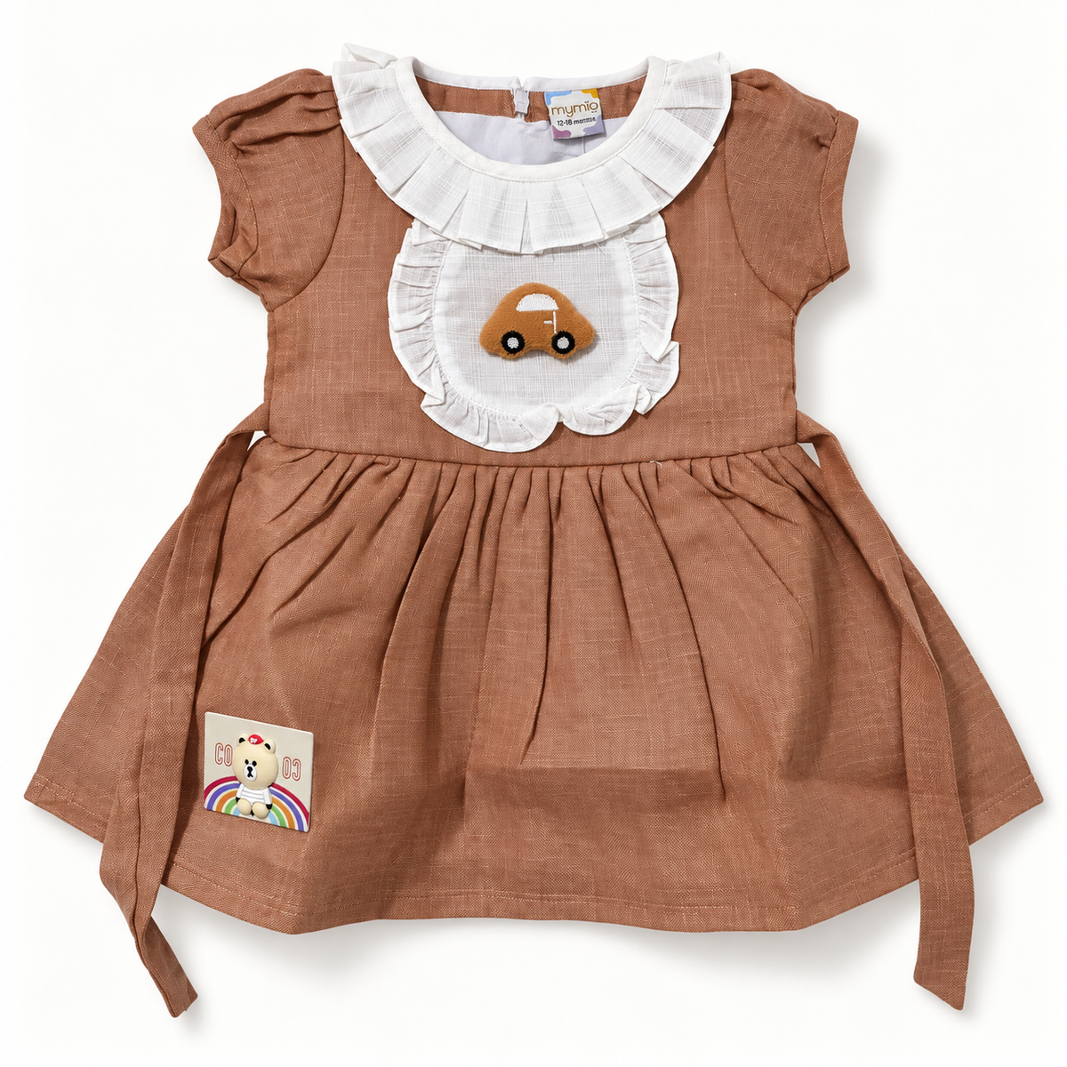 Brown baby dress with white ruffled collar, car applique and bear patch, front view
