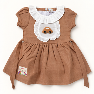 Brown baby dress with white ruffled collar, car applique and bear patch