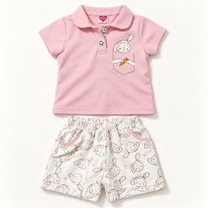 Pink bunny polo with two smiley buttons and matching ivory bunny-print shorts