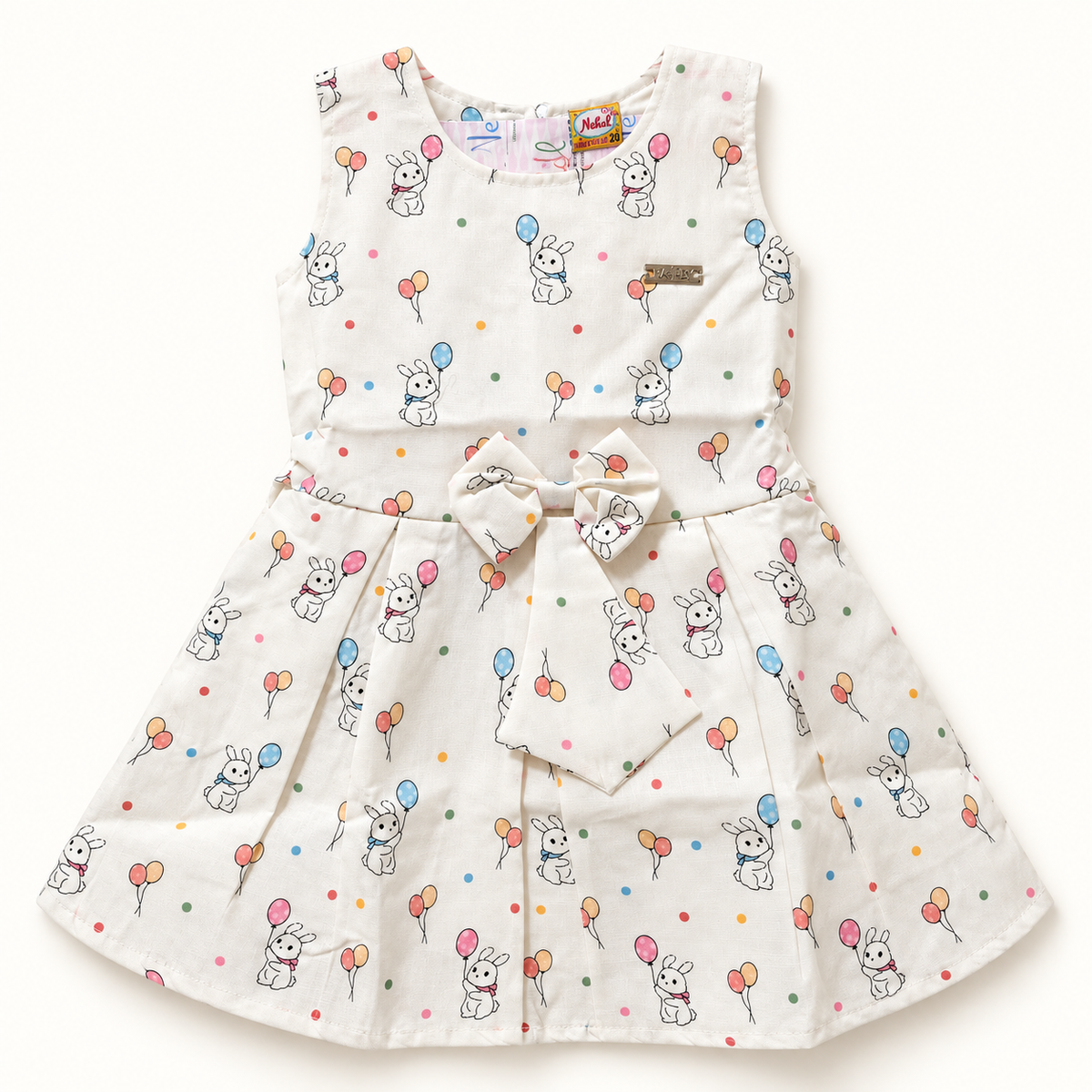 Ivory sleeveless bunny and balloon dress with waist bow