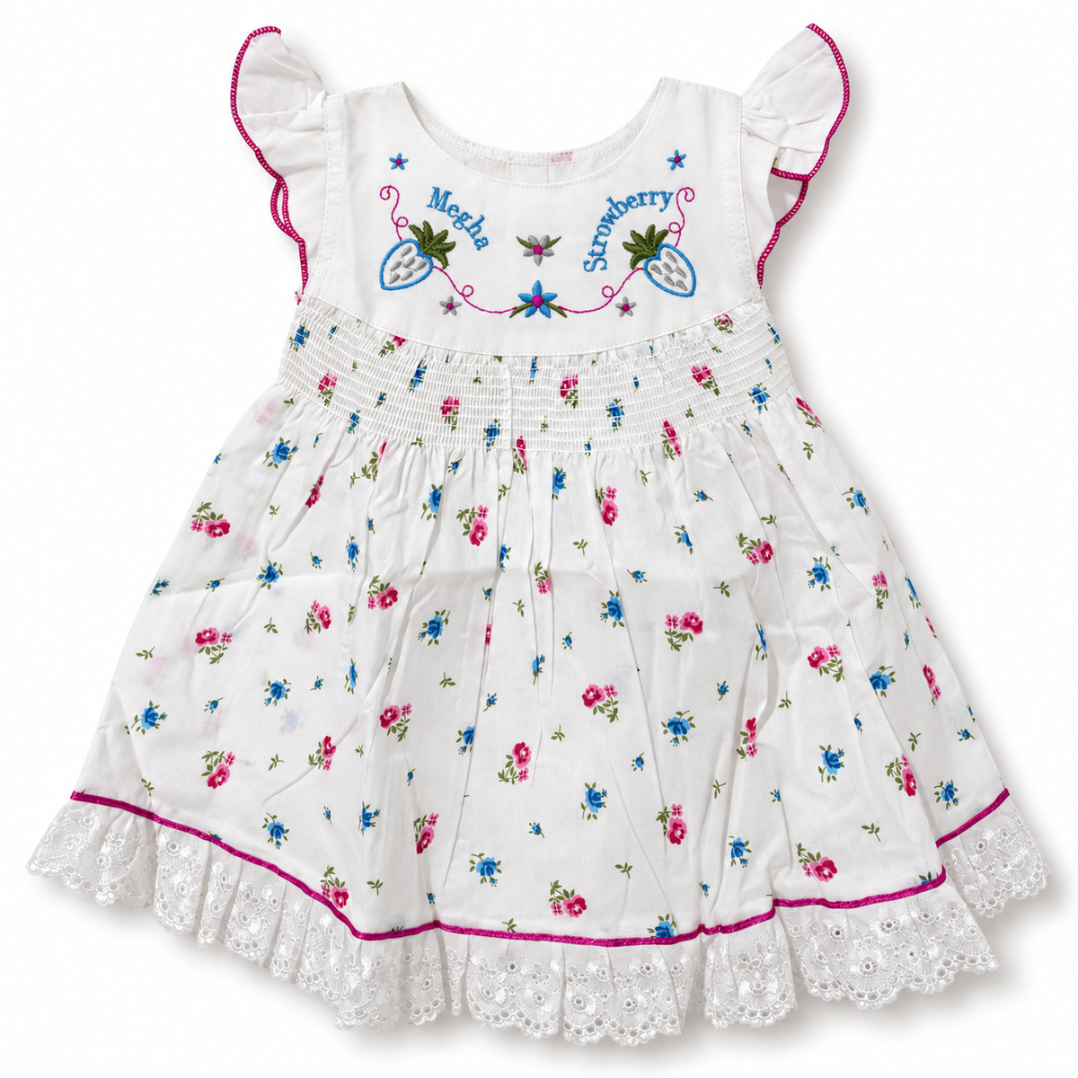 White floral baby dress with strawberry embroidery, shirred waist and lace hem, front view