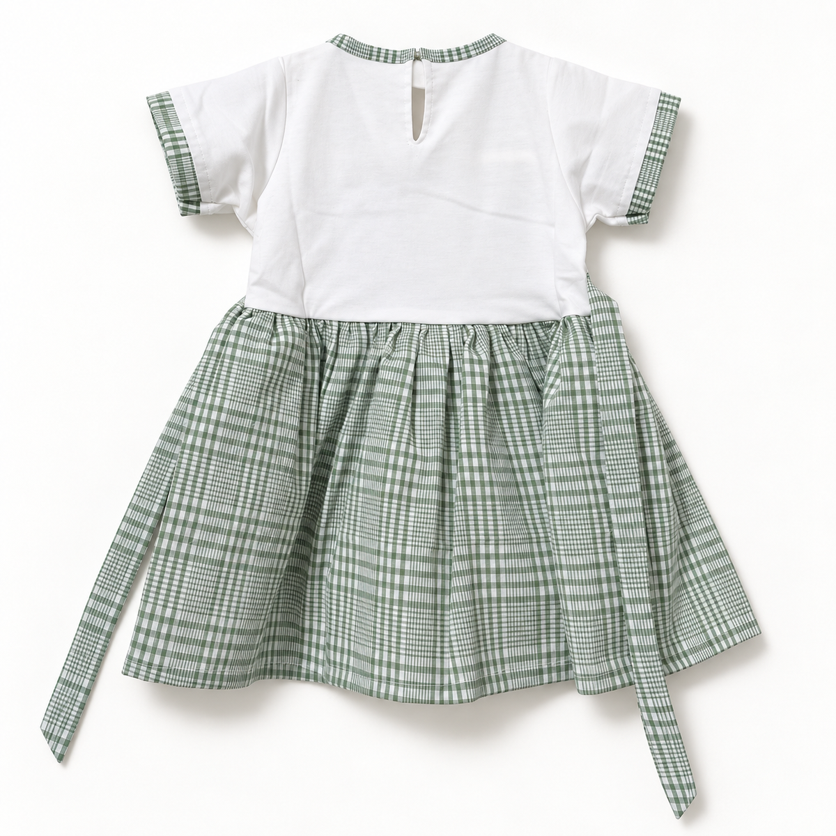 White and green checked baby dress back view with neckline opening and waist ties