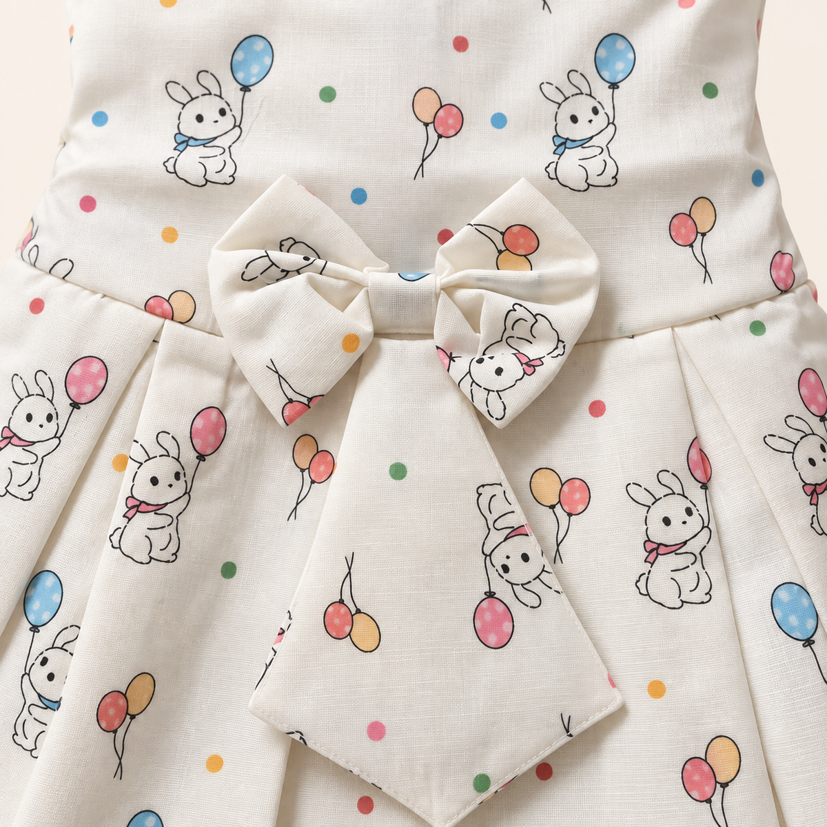Close-up of waist bow and bunny balloon print on ivory baby dress