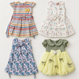Inaabia 4-dress combo set flat lay showing striped floral, bunny balloon, pink blue floral and sage yellow party dresses