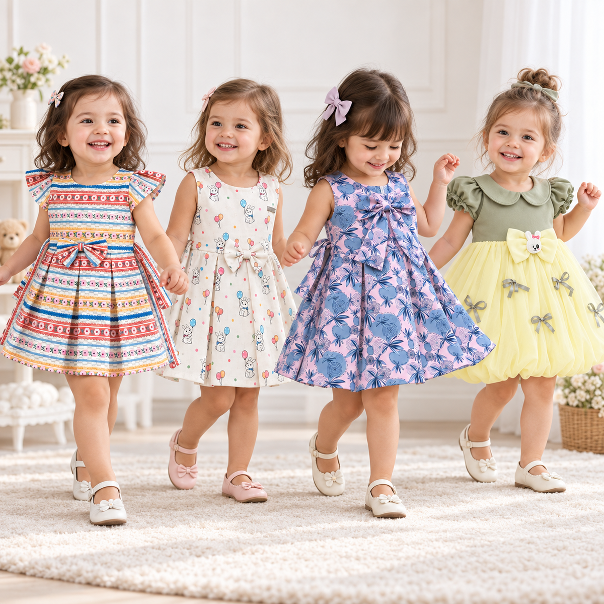 Alternate lifestyle image of four toddlers wearing the Inaabia four-dress combo set