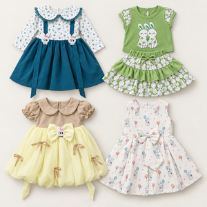 Inaabia 4-piece combo flat lay with teal floral dress, green bunny set, sage lemon party dress and ivory bunny dress