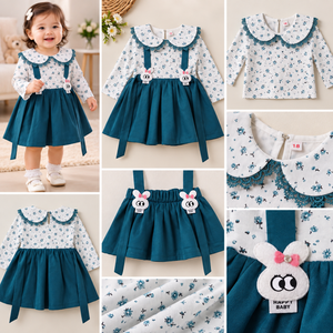 Inaabia 4-piece toddler combo lookbook showing teal floral dress, green bunny set, sage lemon party dress and ivory bunny dress