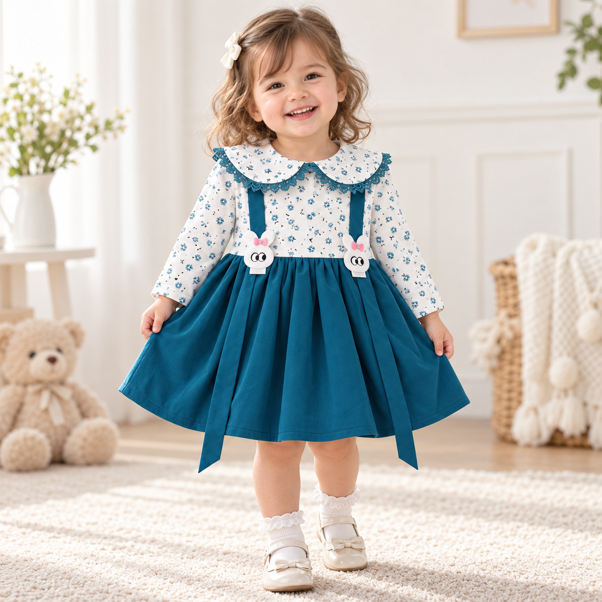 Toddler modeling teal floral bunny dress from Inaabia 4-piece combo set