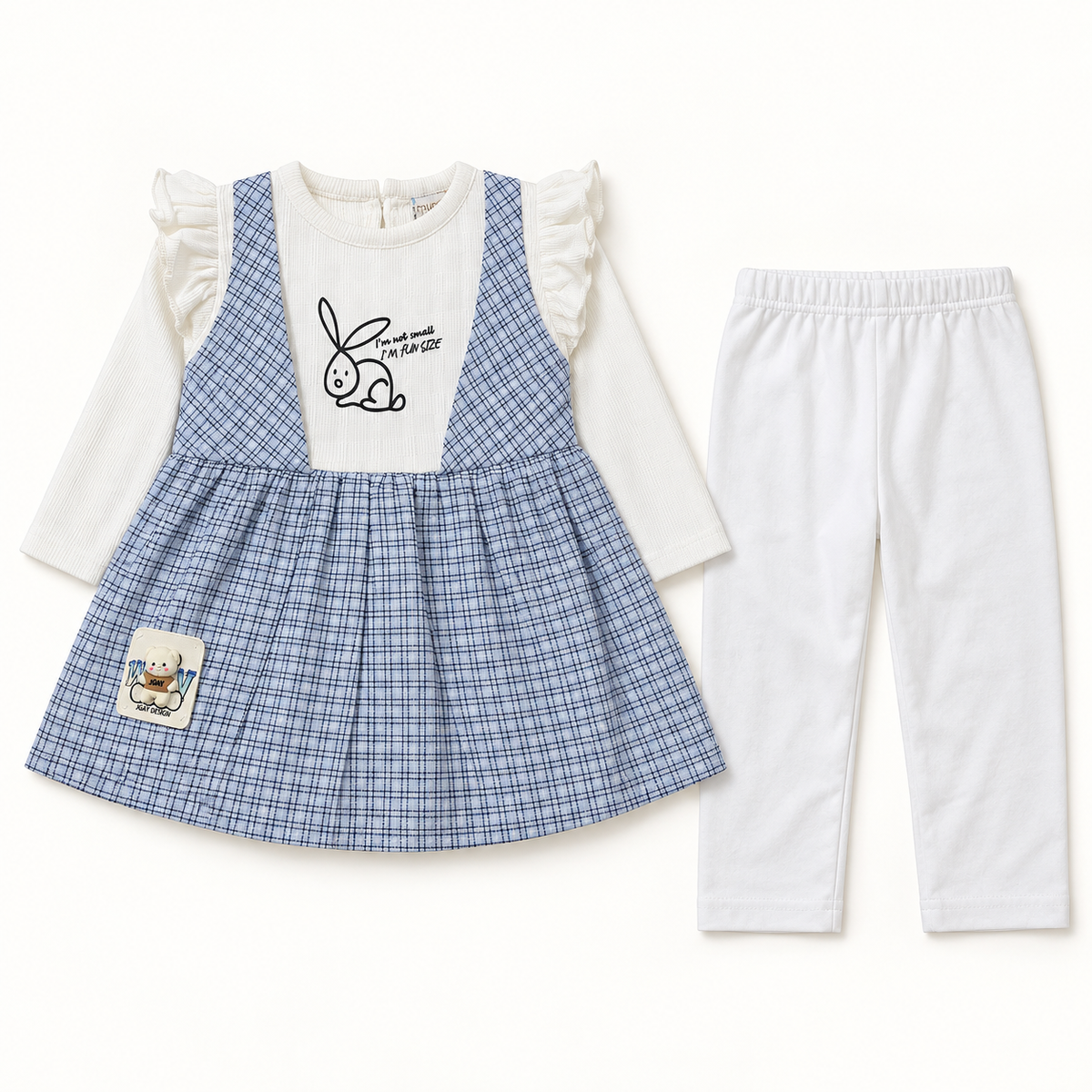 Blue checked bunny tunic with white trousers
