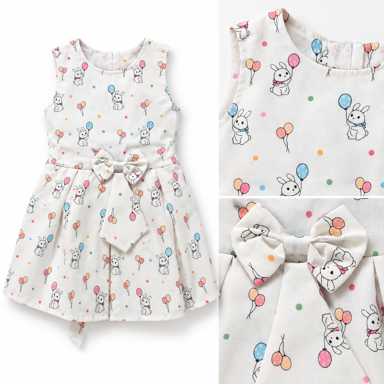 Catalog and close-up detail of ivory bunny balloon girls dress with waist bow