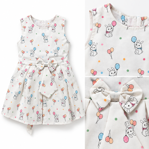 Catalog and close-up detail of ivory bunny balloon girls dress with waist bow
