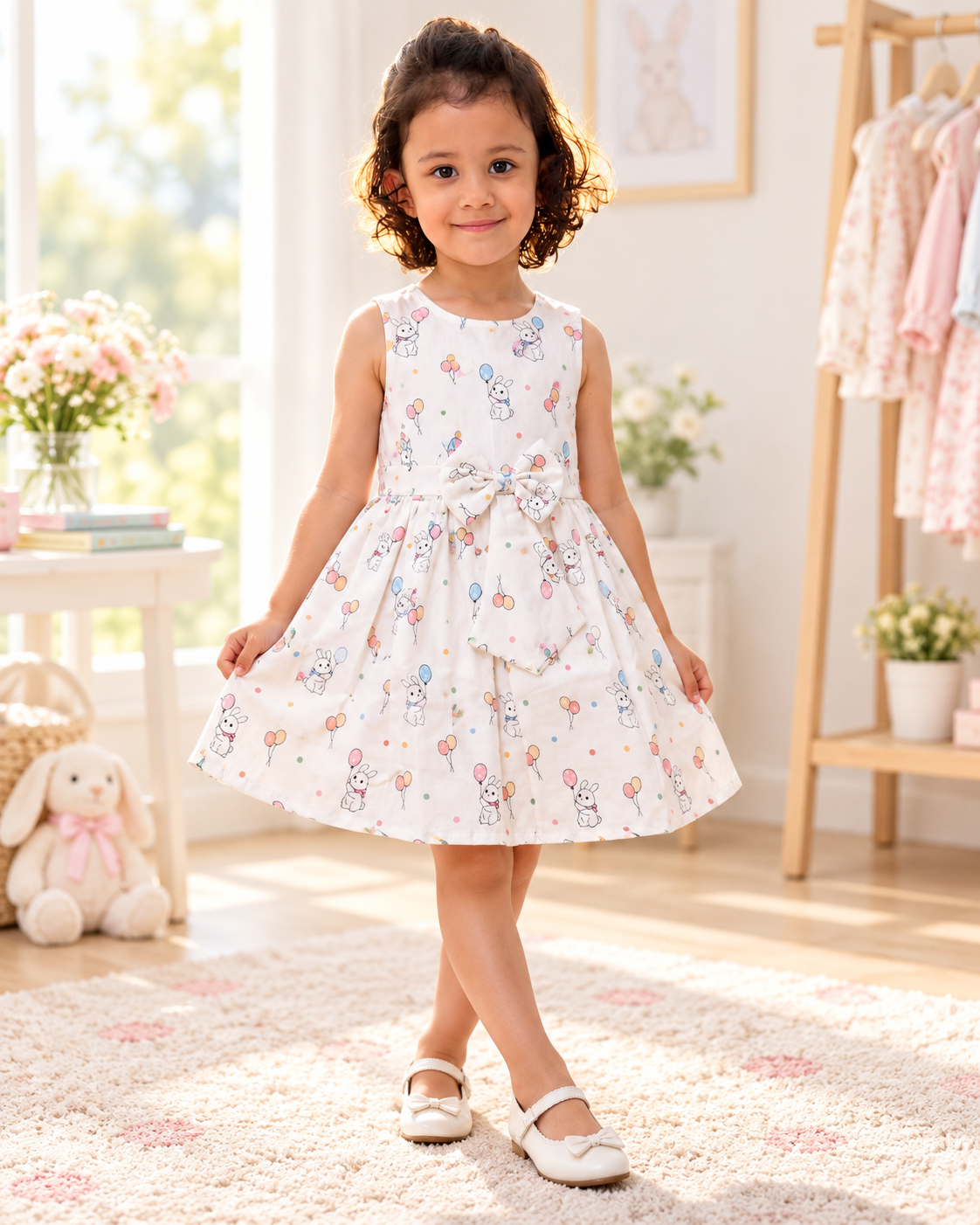 Young girl wearing ivory bunny and balloon print Inaabia dress with waist bow
