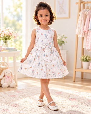 Young girl wearing ivory bunny and balloon print Inaabia dress with waist bow