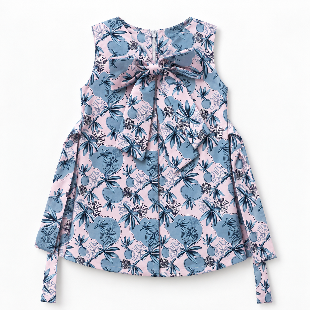 Studio back view of pink and blue botanical bow dress from Inaabia 4-dress combo set