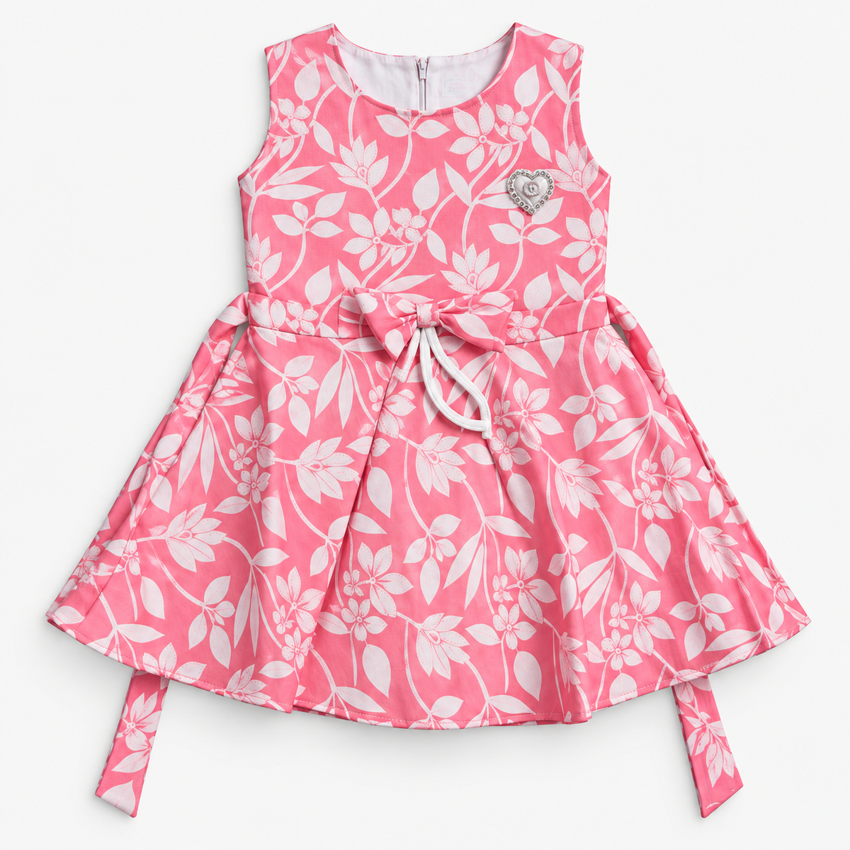 Coral pink girls dress with white floral print, sleeveless bodice, front bow and heart embellishment
