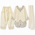 Cream and silver three-piece girls outfit with top trousers and dupatta