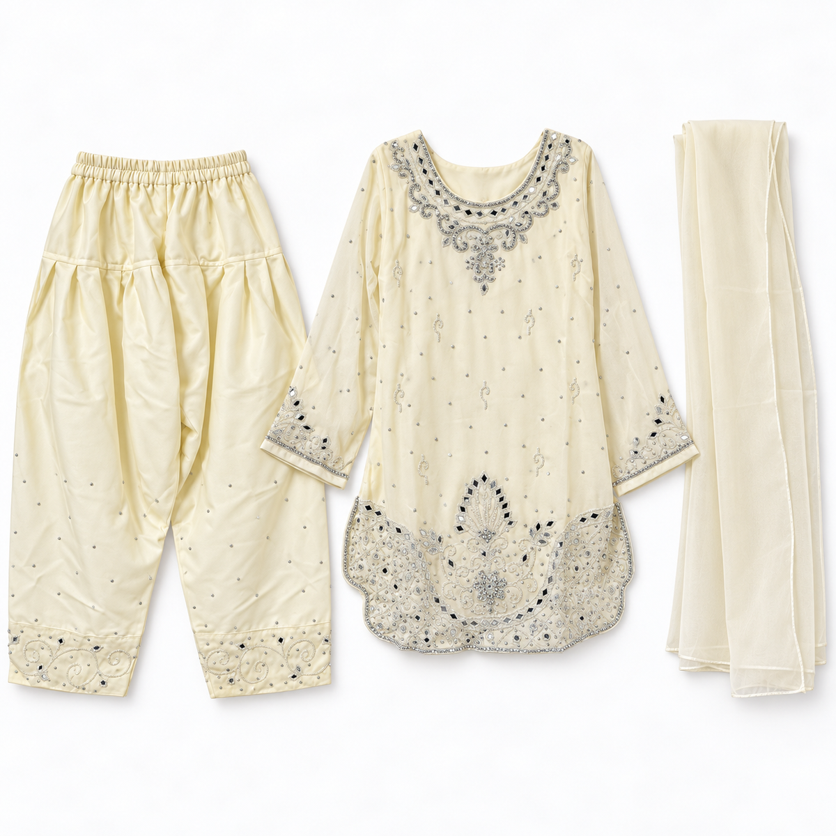 Cream and silver three-piece girls outfit with top trousers and dupatta