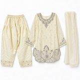 Cream and silver three-piece girls outfit with top trousers and dupatta