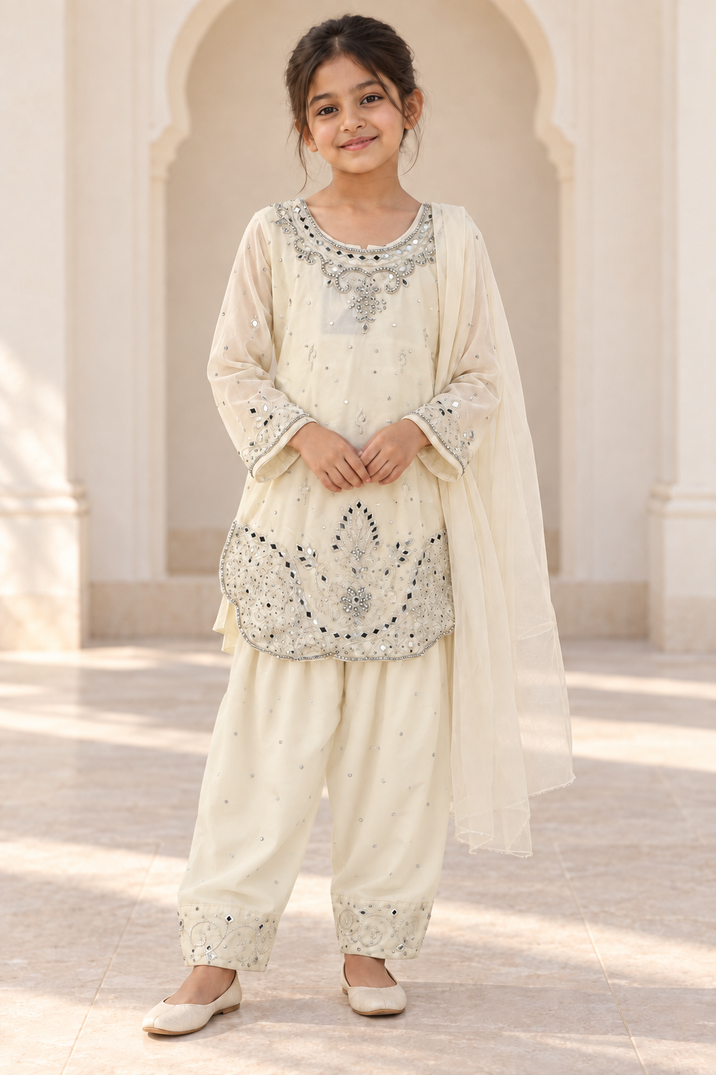 AI model wearing cream outfit at ivory archway