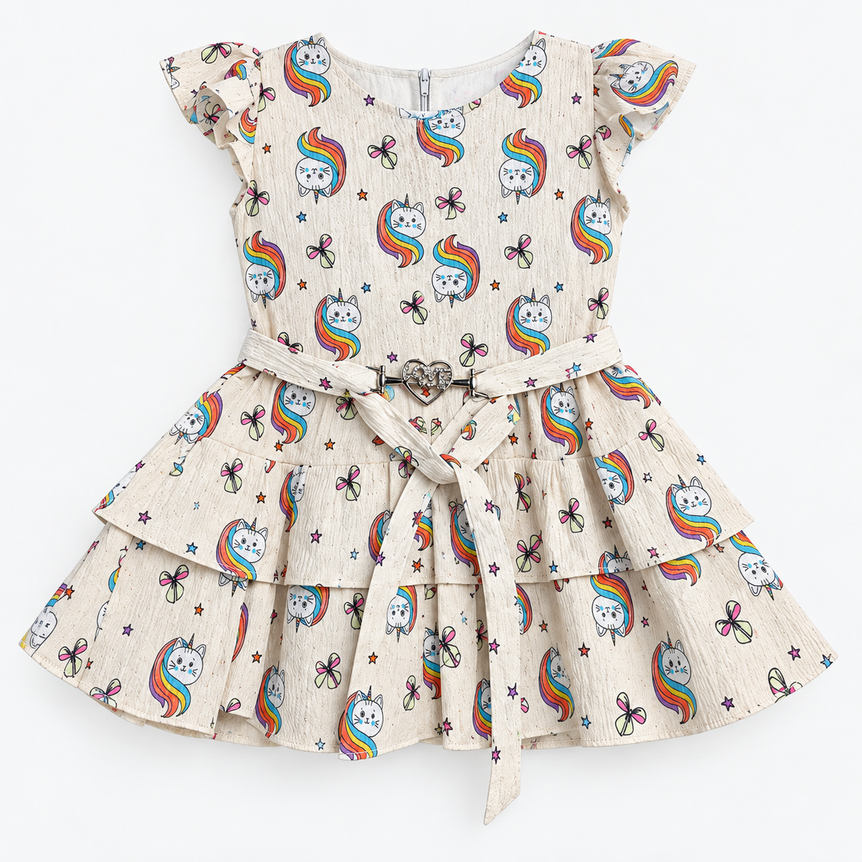 Cream girls dress with rainbow cat print, flutter sleeves and heart buckle waist detail