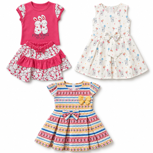 Full flat lay of Inaabia 4 dress combo set for girls 2 to 3 years showing all four outfits