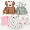 Inaabia four-outfit combo for 12–18 months: brown dress, green checked dress, white floral dress and pink bunny top with shorts