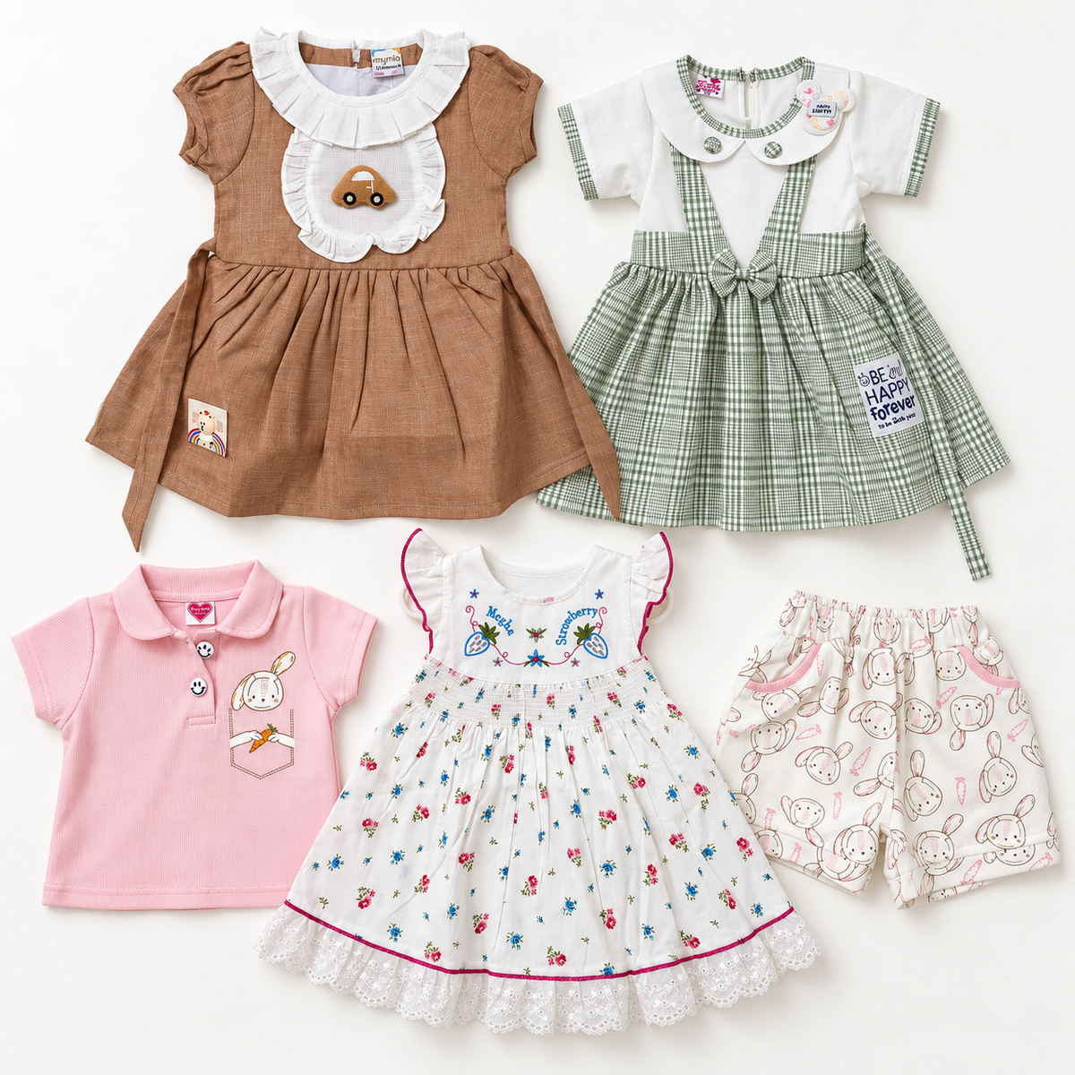 Inaabia four-outfit combo for 12–18 months: brown dress, green checked dress, white floral dress and pink bunny top with shorts