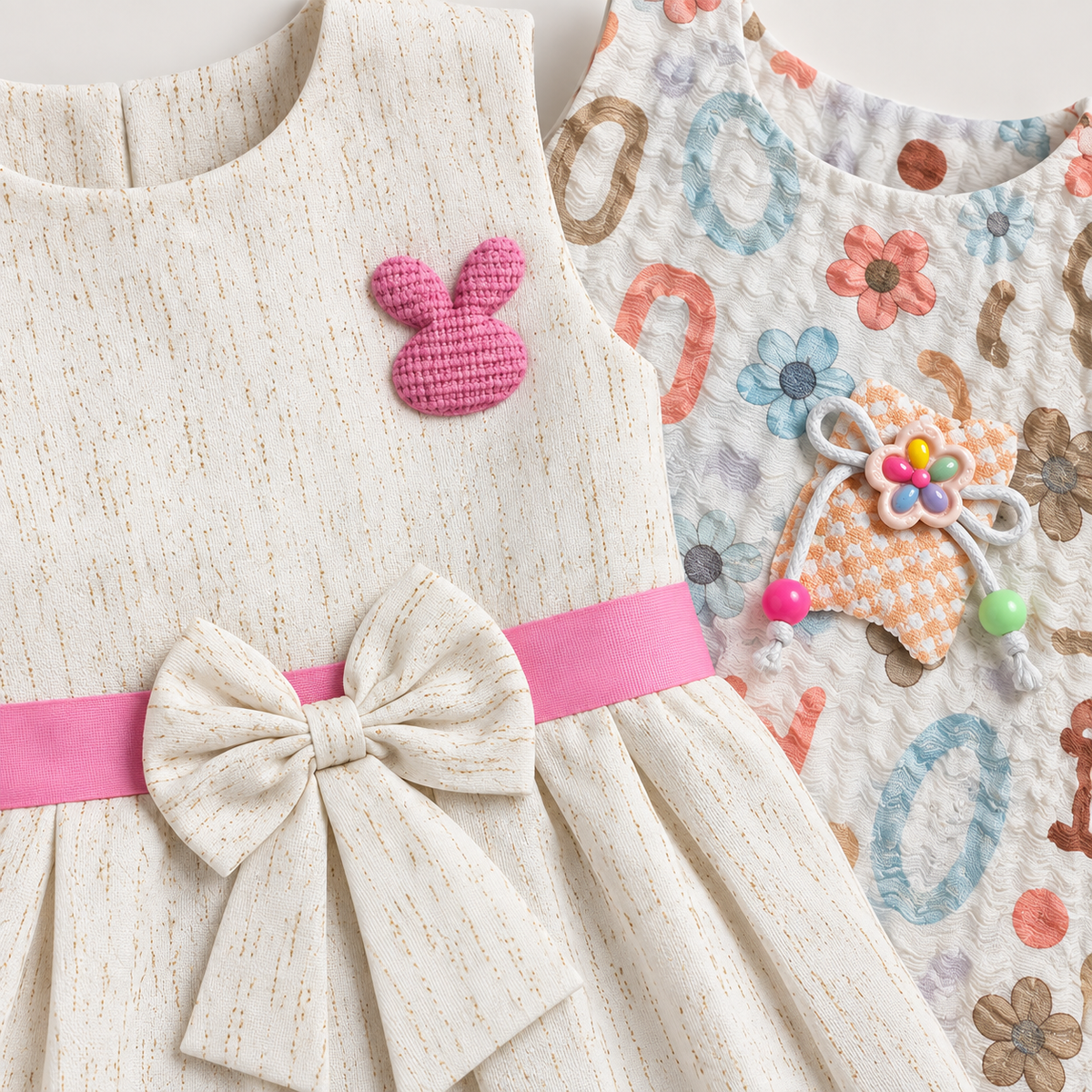 Close-up details of pink bunny applique, ivory waist bow and pastel bead applique from Inaabia girls 3-dress combo