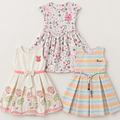 Inaabia girls 3-dress combo with alphabet print, ivory floral and pastel striped dresses