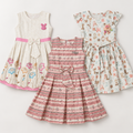 Inaabia girls 3-dress combo with ivory floral bunny, pink plaid and pastel alphabet print dresses