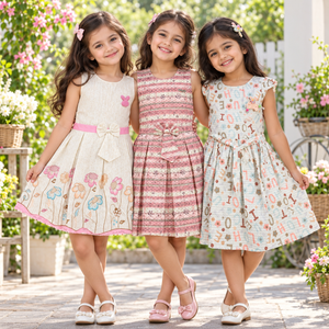 Three girls wearing Inaabia ivory floral bunny, pink plaid and pastel alphabet print dresses
