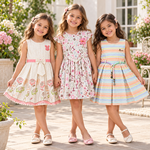 Three girls wearing Inaabia 3-dress combo in alphabet print, ivory floral and pastel stripe designs