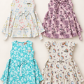 Inaabia girls 4-dress combo set with pastel sprig, mauve floral, aqua floral and rainbow cat designs