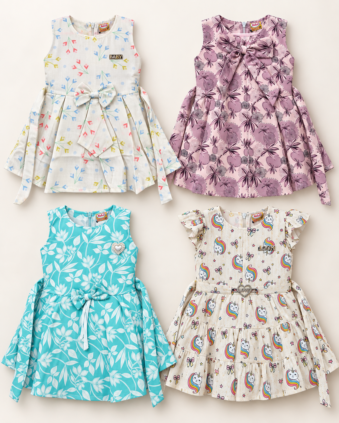 Inaabia girls 4-dress combo set with pastel sprig, mauve floral, aqua floral and rainbow cat designs