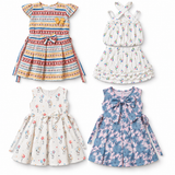 Inaabia girls 4-piece combo with striped floral dress, floral two-piece set, bunny balloon dress and blue floral bow dress
