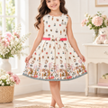 Girl modeling Inaabia ivory botanical girls dress with pink sash and border print