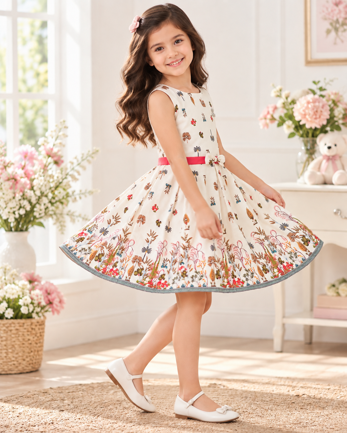 Girl twirling in Inaabia ivory botanical girls dress with pink sash