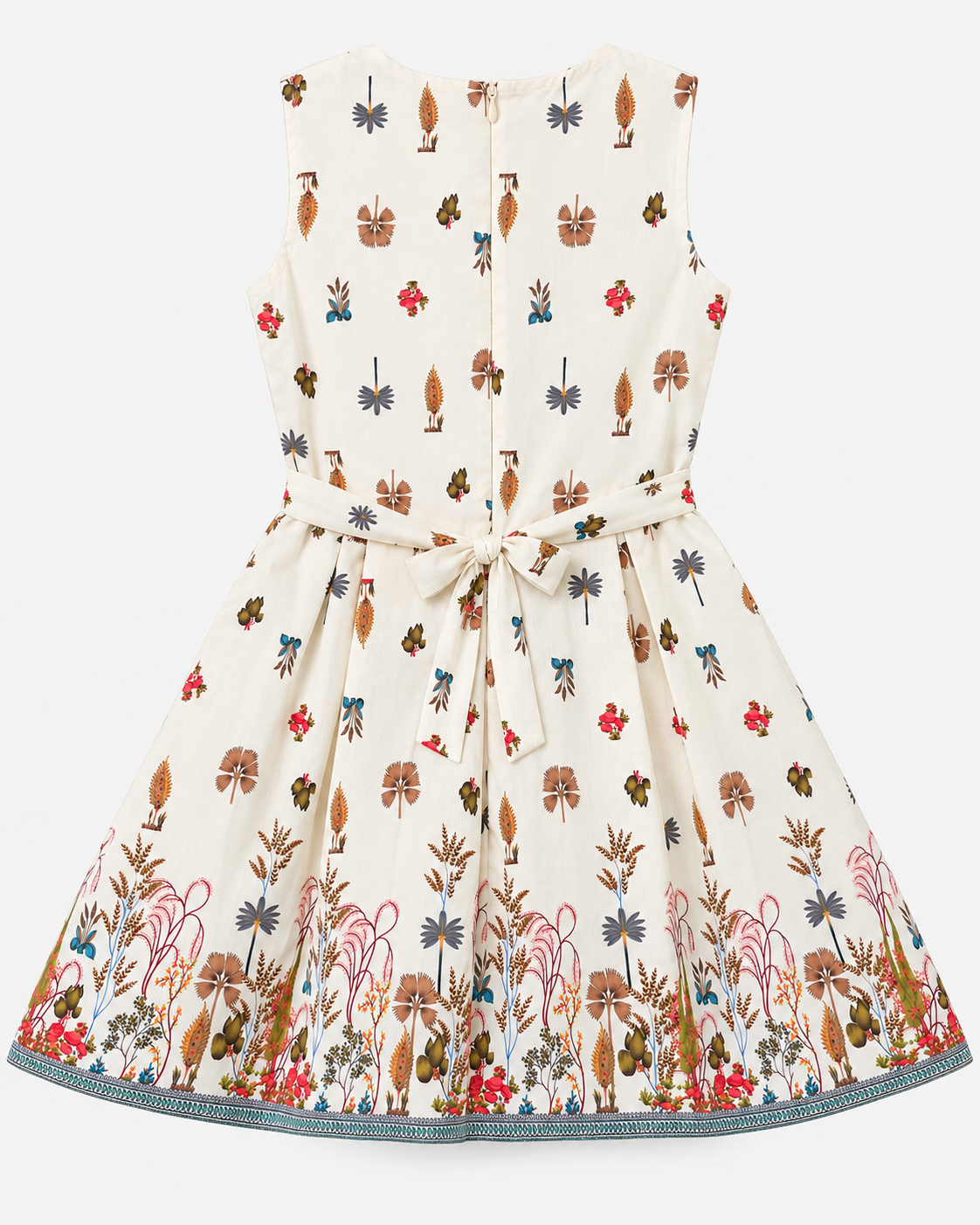 Studio back view of Inaabia ivory botanical girls dress with waist tie and border print