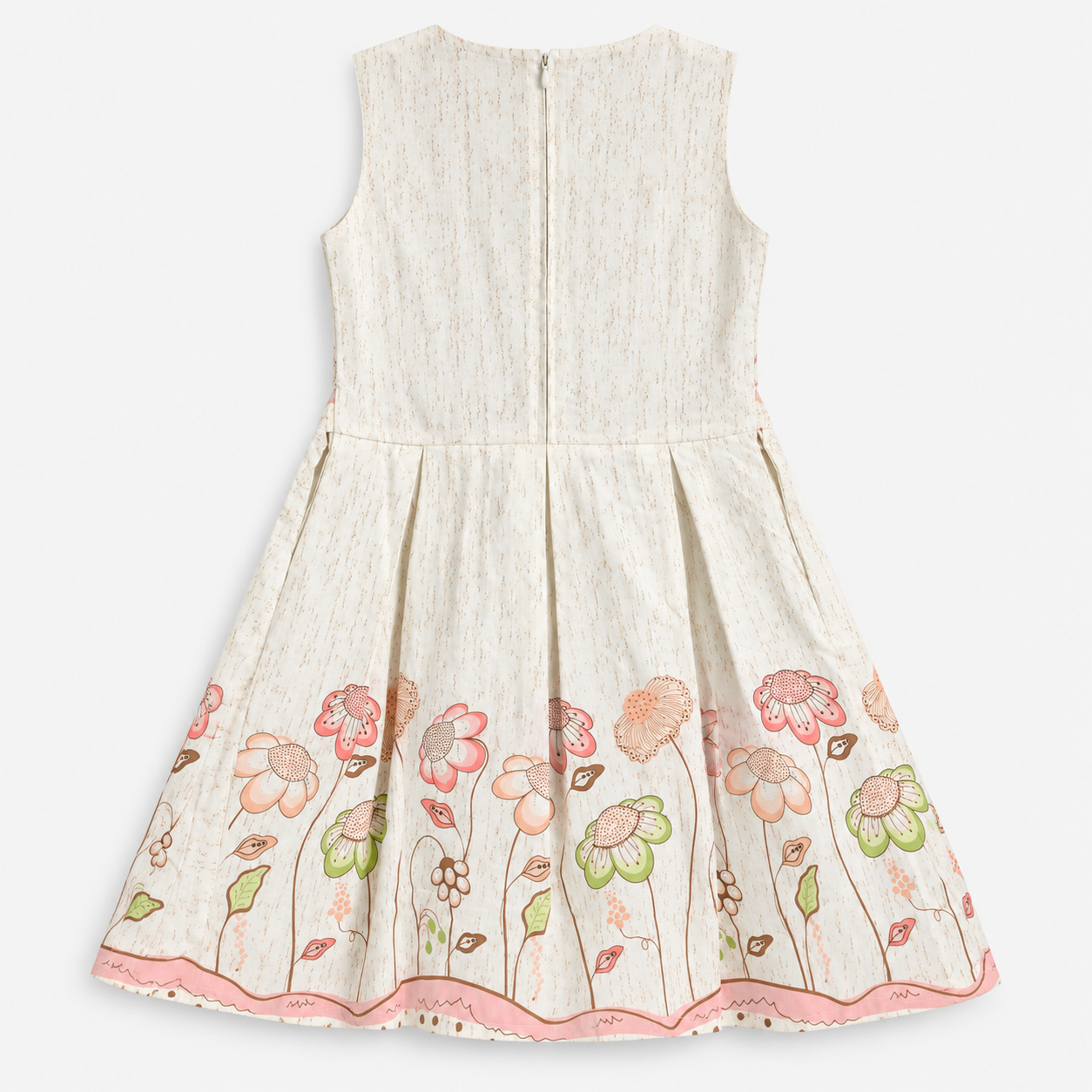 Back view of ivory sleeveless girls dress with back zipper and floral border hem